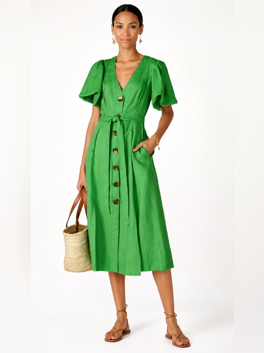 Nicholas Linen Troy Puff Sleeve Button Up Midi Dress